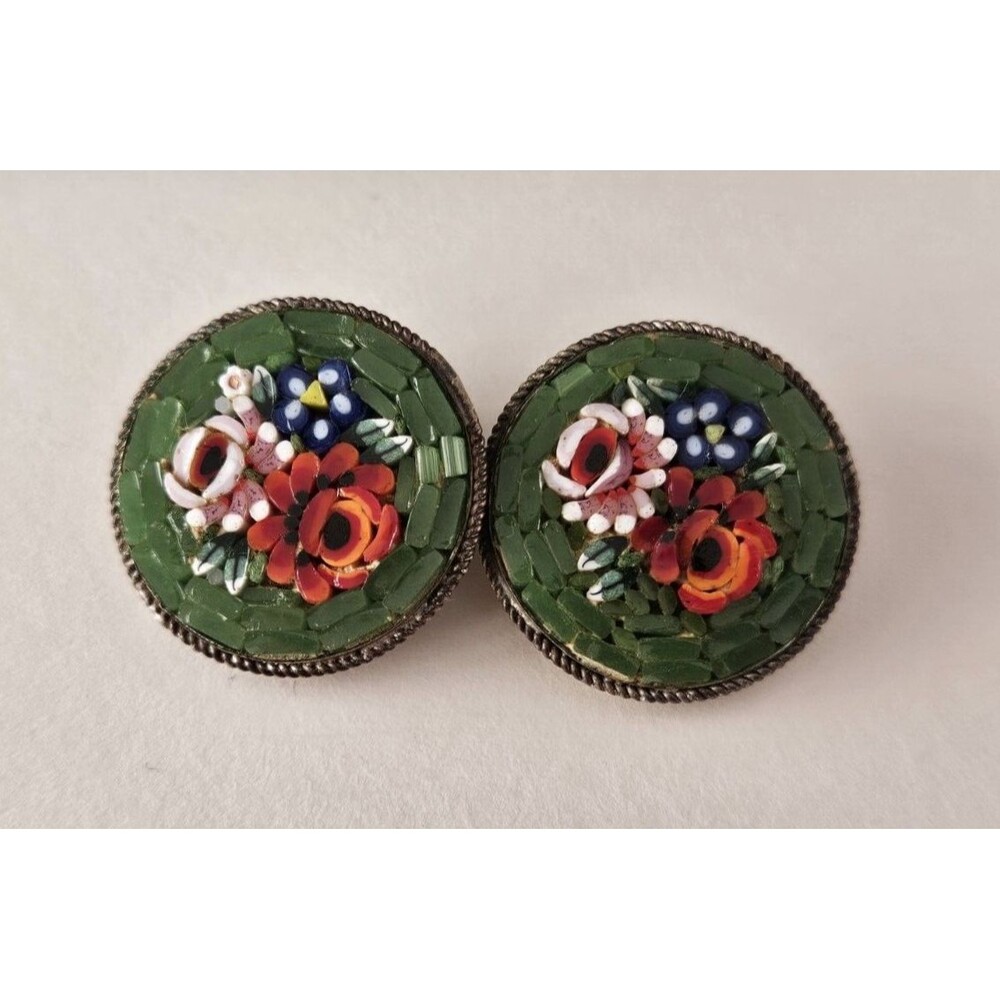 Vintage Women's Micro Mosaic Oval Clip On Earrings, Medium Green Floral